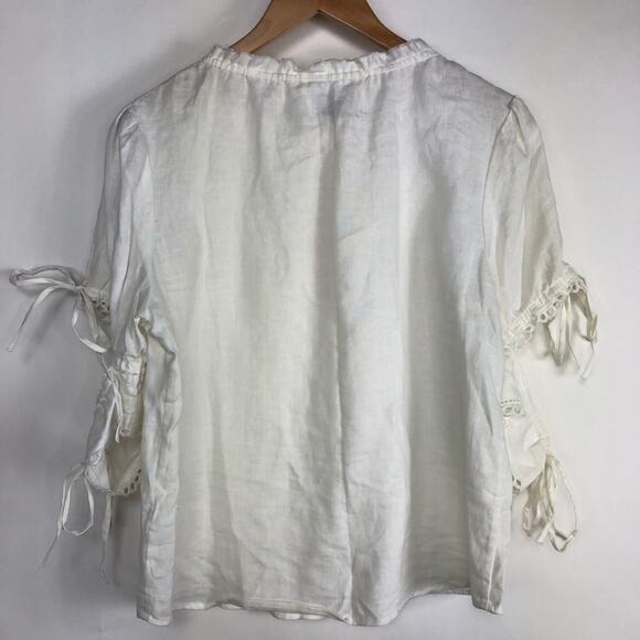 McGuire White 100% Linen Peasant Shirt Tie Eyelet Blouse Top Boho Casual XS - Picture 8 of 9